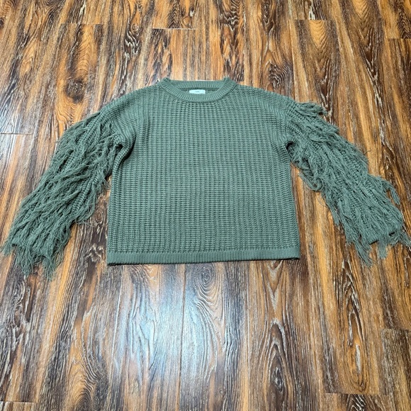 Fate Olive Green Knit Sweater With Sleeve Fringe Women’s Size M Medium Fall - Picture 1 of 6